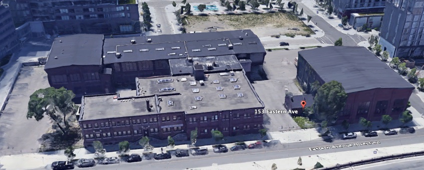 from Google Earth, four buildings which were planned for re-use by Waterfront Toronto now subject to demolition